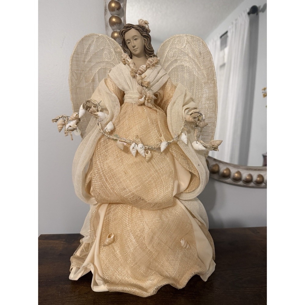Coastal Angel Figurine Seashell Garland Fabric Wings Beach Cottage Decor